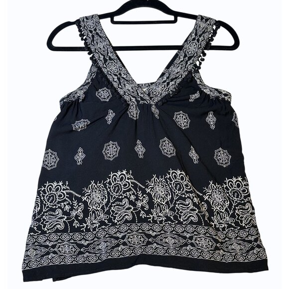 Loft Black, White Printed Sleeveless Pom Pom Trim Swing Tank Top V Neck Boho XSP - Picture 2 of 12
